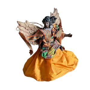 African American Black Angel Ornament Tree Topper Yellow Dress Kente Cloth Scarf